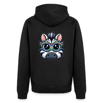 Mardi Gras Zebra: Maskenpracht und Perlen - Unisex Premium Bio Zip Hoodie - Schwarz - Hinten - Nico (187cm)
