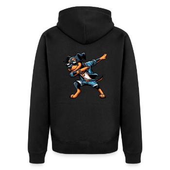 Cooler Dobermann Dabbing Hund Cartoon Stil - Unisex Premium Bio Zip Hoodie - Schwarz - Hinten - Nico (187cm)