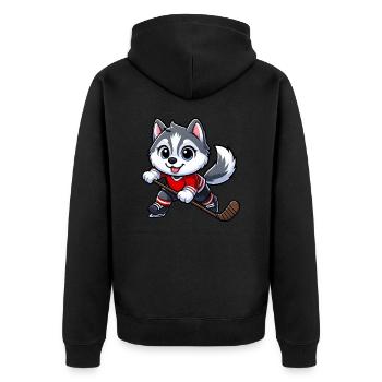 Niedlicher Hund Husky Eishockeyspieler Cartoon - Unisex Premium Bio Zip Hoodie - Schwarz - Hinten - Nico (187cm)