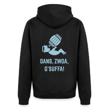 Oans, Zwoa, G’Suffa! (Bier Trinker Unter Bierfass) - Unisex Premium Bio Zip Hoodie - Schwarz - Hinten - Nico (187cm)