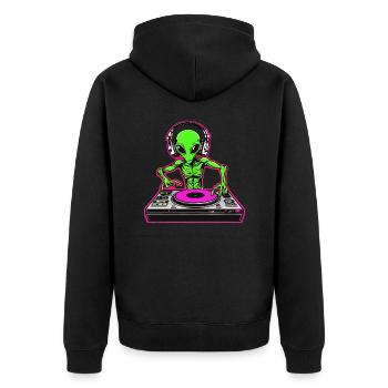 Unheimlich cool: Neon Alien-DJ für deine Party - Unisex Premium Bio Zip Hoodie - Schwarz - Hinten - Nico (187cm)
