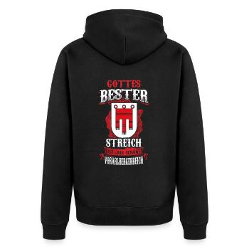 Gottes bester Streich – Vorarlberger Stolz - Unisex Premium Bio Zip Hoodie - Schwarz - Hinten - Nico (187cm)