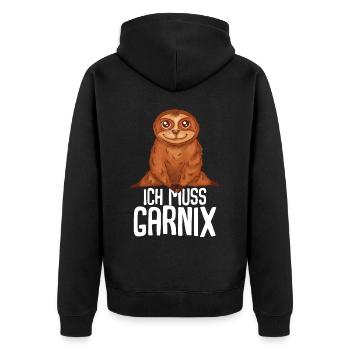 ich muss garnix Faultier - Unisex Premium Bio Zip Hoodie - Schwarz - Hinten - Nico (187cm)