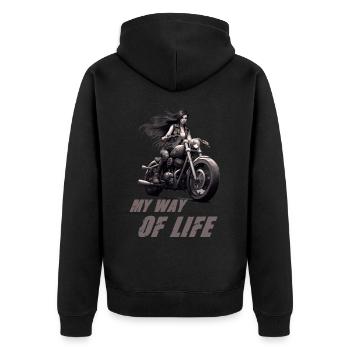 Motorradfahrerin My Way Of Life - Unisex Premium Bio Zip Hoodie - Schwarz - Hinten - Nico (187cm)