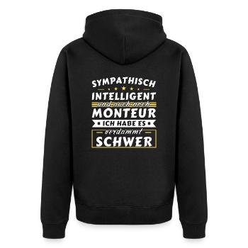 Sympathisch und intelligent - Monteur Edition - Unisex Premium Bio Zip Hoodie - Schwarz - Hinten - Nico (187cm)