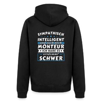 Sympathisch und intelligent - Monteur Edition - Unisex Premium Bio Zip Hoodie - Schwarz - Hinten - Nico (187cm)