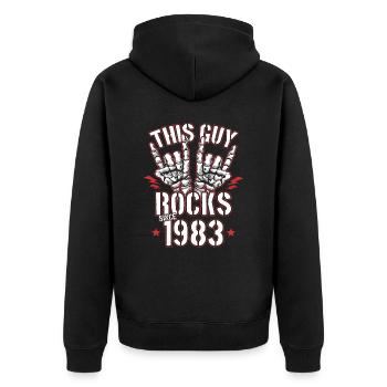 Ce mec est rock depuis l’anniversaire du millésime 1983 - Veste à capuche bio Premium Unisexe - noir - Dos - Nico (187cm)