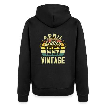 Jahrgang April 1957 - 1957 Jubiläumsgeschenk - Unisex Premium Bio Zip Hoodie - Schwarz - Hinten - Nico (187cm)