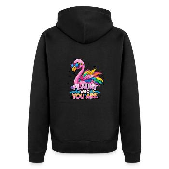 Bunter Flamingo – Sei stolz, wie du bist - Unisex Premium Bio Zip Hoodie - Schwarz - Hinten - Nico (187cm)