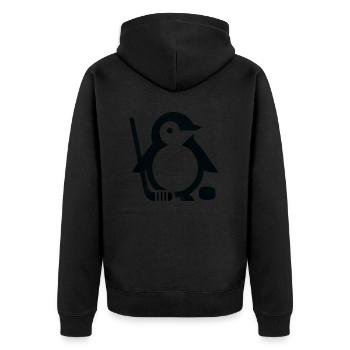Minimalistischer Pinguin Eishockeyspieler - - Unisex Premium Bio Zip Hoodie - Schwarz - Hinten - Nico (187cm)