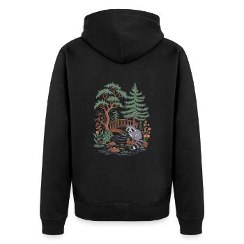 Cottagecore Waldlandschaft mit Waschbär und Brücke - Unisex Premium Bio Zip Hoodie - Schwarz - Hinten - Nico (187cm)