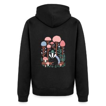 Cottagecore Waldlandschaft mit Dachs und Pilzen - Unisex Premium Bio Zip Hoodie - Schwarz - Hinten - Nico (187cm)
