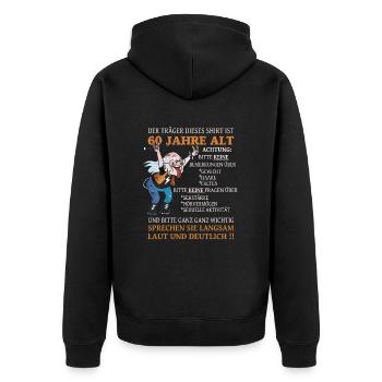 Der Träger dieses Shirt 60 Jahre Geburtstag - Unisex Premium Bio Zip Hoodie - Schwarz - Hinten - Nico (187cm)