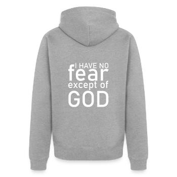 I am not afraid except of God - Unisex Premium Organic Zip Hoodie - heather grey - Back - Nico (187cm)