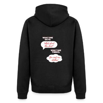 She: You need new clothes! - Unisex Premium Organic Zip Hoodie - black - Back - Nico (187cm)