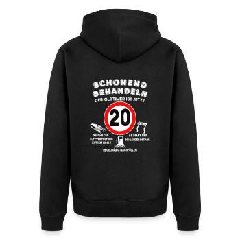 Schonend Behandeln 20 Jahre alt Geburtstag - Unisex Premium Bio Zip Hoodie - Schwarz - Hinten - Nico (187cm)