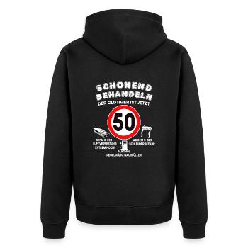 Schonend Behandeln 50 Jahre alt Geburtstag - Unisex Premium Bio Zip Hoodie - Schwarz - Hinten - Nico (187cm)