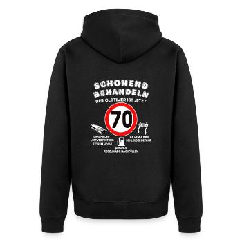 Schonend Behandeln 70 Jahre alt Geburtstag - Unisex Premium Bio Zip Hoodie - Schwarz - Hinten - Nico (187cm)