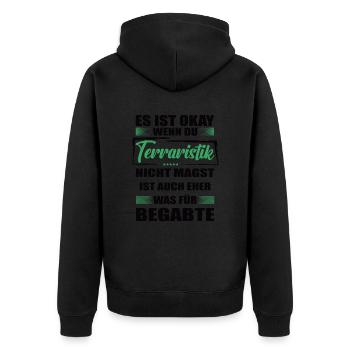 Terraristik Lustiger Spruch für Mann & Frau - Unisex Premium Bio Zip Hoodie - Schwarz - Hinten - Nico (187cm)