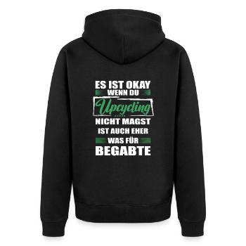 Upcycling Lustiger Spruch für Mann & Frau - Unisex Premium Bio Zip Hoodie - Schwarz - Hinten - Nico (187cm)