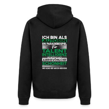 Autorin Bescheiden - Lustiger Spruch - Unisex Premium Bio Zip Hoodie - Schwarz - Hinten - Nico (187cm)