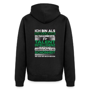 Bankkaufmann Bescheiden - Lustiger Spruch - Unisex Premium Bio Zip Hoodie - Schwarz - Hinten - Nico (187cm)