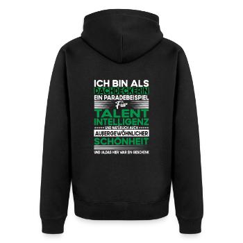 Dachdeckerin Bescheiden - Lustiger Spruch - Unisex Premium Bio Zip Hoodie - Schwarz - Hinten - Nico (187cm)