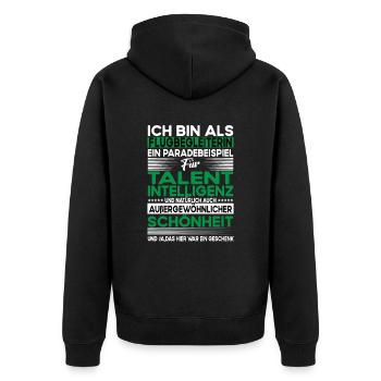 Flugbegleiterin Bescheiden - Lustiger Spruch - Unisex Premium Bio Zip Hoodie - Schwarz - Hinten - Nico (187cm)