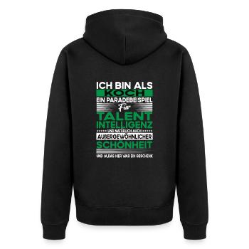 Koch Bescheiden - Lustiger Spruch - Unisex Premium Bio Zip Hoodie - Schwarz - Hinten - Nico (187cm)