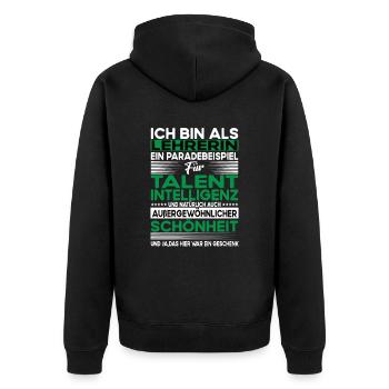 Lehrerin Bescheiden - Lustiger Spruch - Unisex Premium Bio Zip Hoodie - Schwarz - Hinten - Nico (187cm)
