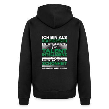Physiotherapeut Bescheiden - Lustiger Spruch - Unisex Premium Bio Zip Hoodie - Schwarz - Hinten - Nico (187cm)