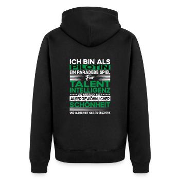 Pilotin Bescheiden - Lustiger Spruch - Unisex Premium Bio Zip Hoodie - Schwarz - Hinten - Nico (187cm)
