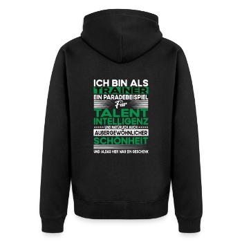 Trainer Bescheiden - Lustiger Spruch - Unisex Premium Bio Zip Hoodie - Schwarz - Hinten - Nico (187cm)