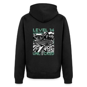 Geburtstag Level 14 freigeschaltet Gaming & Zocker - Unisex Premium Bio Zip Hoodie - Schwarz - Hinten - Nico (187cm)