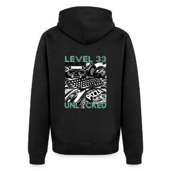 Geburtstag Level 33 freigeschaltet Gaming & Zocker - Unisex Premium Bio Zip Hoodie - Schwarz - Hinten - Nico (187cm)