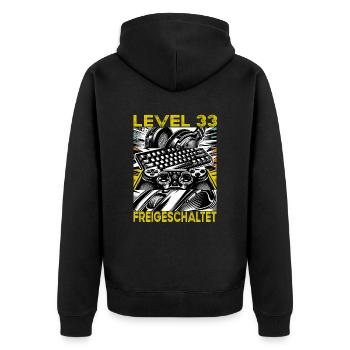 Geburtstag Level 33 freigeschaltet Gaming & Zocker - Unisex Premium Bio Zip Hoodie - Schwarz - Hinten - Nico (187cm)