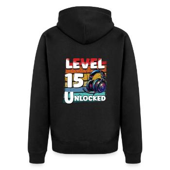 Gaming Geburtstag Level 15 freigeschaltet Zocker - Unisex Premium Bio Zip Hoodie - Schwarz - Hinten - Nico (187cm)