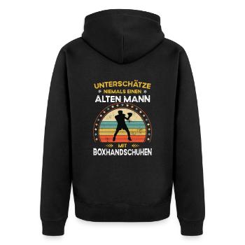 Unterschätze niemals alten Mann mit boxhandschuhen - Unisex Premium Bio Zip Hoodie - Schwarz - Hinten - Nico (187cm)