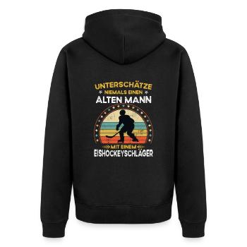 Unterschätze niemals alten Mann eishockeyschläger - Unisex Premium Bio Zip Hoodie - Schwarz - Hinten - Nico (187cm)