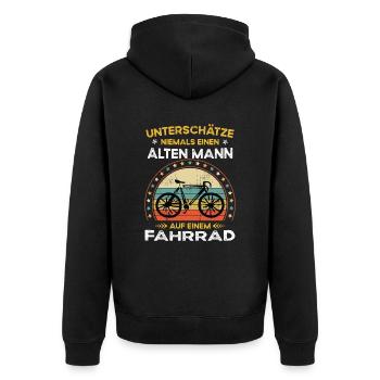 Unterschätze niemals alten Mann auf einem fahrrad - Unisex Premium Bio Zip Hoodie - Schwarz - Hinten - Nico (187cm)
