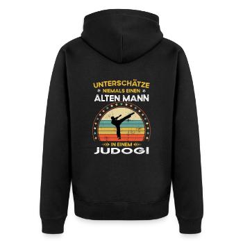 Unterschätze niemals alten Mann in einem judogi - Unisex Premium Bio Zip Hoodie - Schwarz - Hinten - Nico (187cm)