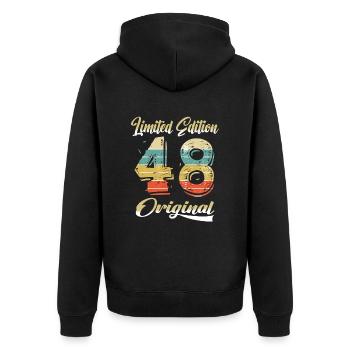 76 ans anniversaire vintage 1948 édition limitée - Veste à capuche bio Premium Unisexe - noir - Dos - Nico (187cm)