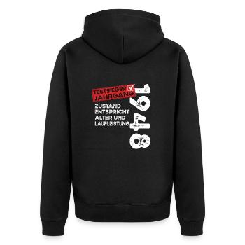 Vainqueur du test d’anniversaire de 76 ans Vintage 1948 - Veste à capuche bio Premium Unisexe - noir - Dos - Nico (187cm)