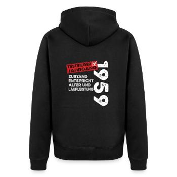 65 Jahre Geburtstag Testsieger Jahrgang 1959 - Unisex Premium Bio Zip Hoodie - Schwarz - Hinten - Nico (187cm)