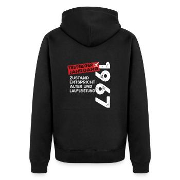 57 Jahre Geburtstag Testsieger Jahrgang 1967 - Unisex Premium Bio Zip Hoodie - Schwarz - Hinten - Nico (187cm)