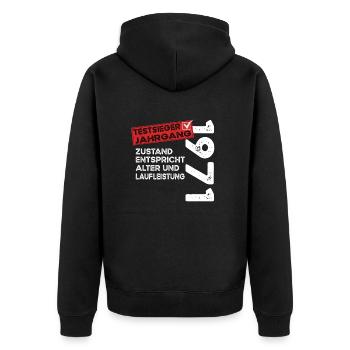Vainqueur du test d’anniversaire de 53 ans Vintage 1971 - Veste à capuche bio Premium Unisexe - noir - Dos - Nico (187cm)