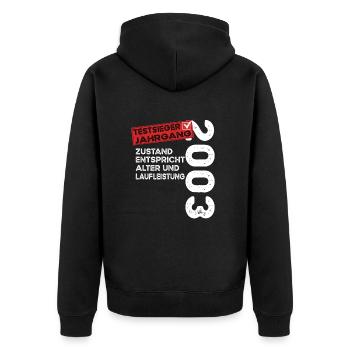 Vainqueur du test d’anniversaire de 21 ans Vintage 2003 - Veste à capuche bio Premium Unisexe - noir - Dos - Nico (187cm)