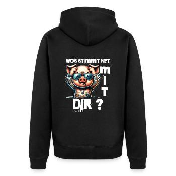 Ich hasse Menschen - Was stimmt denn mit dir nicht - Unisex Premium Bio Zip Hoodie - Schwarz - Hinten - Nico (187cm)