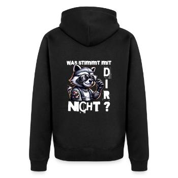 Ich hasse Menschen - Was stimmt denn mit dir nicht - Unisex Premium Bio Zip Hoodie - Schwarz - Hinten - Nico (187cm)