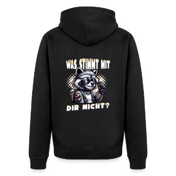 Ich hasse Menschen - Was stimmt denn mit dir nicht - Unisex Premium Bio Zip Hoodie - Schwarz - Hinten - Nico (187cm)